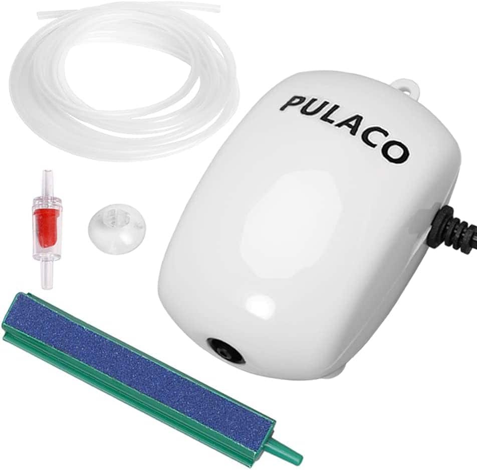 PULACO Ultra Quiet Mini Aquarium Fish Tank Air Pump for 1-20 Gallon Fish Bowl with Air Tube Air Bubbler Stone Check Valve